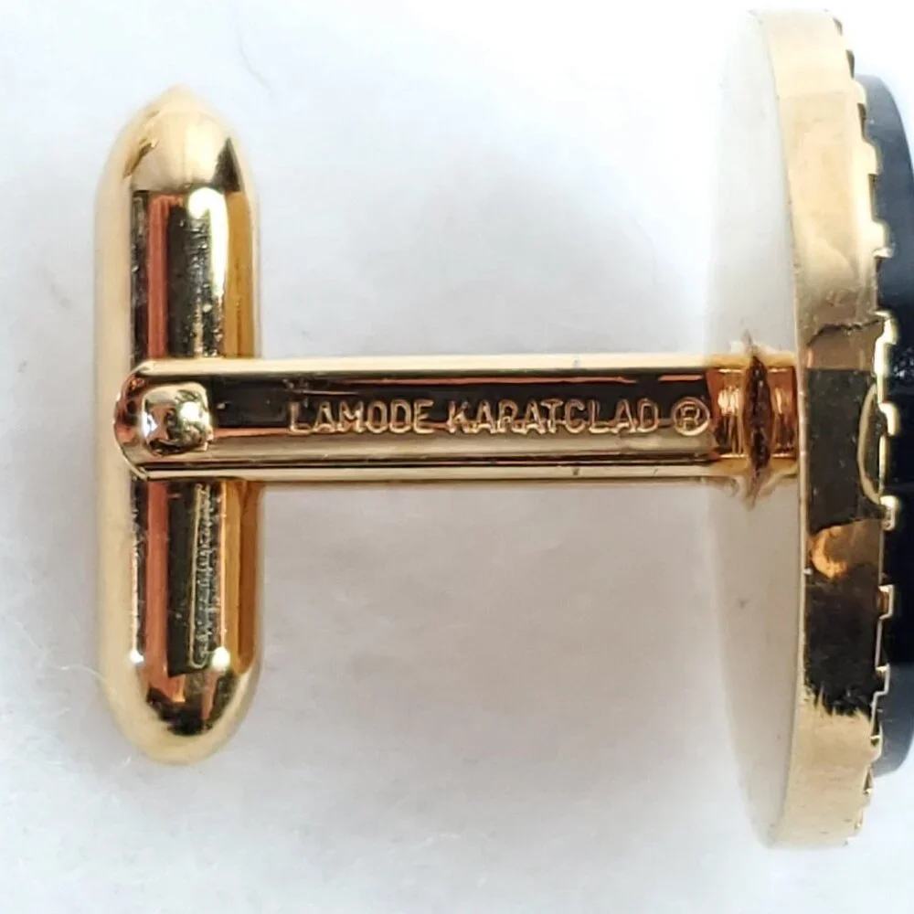 Vintage Lamode Cufflinks Gold Tone Black Round Karatclad